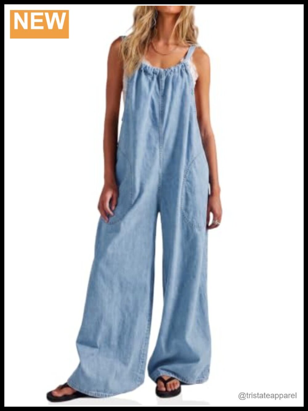 Wide Leg Denim Overalls Adjustable Straps Jean Jumpsuit Loose Fit Sleeveless
